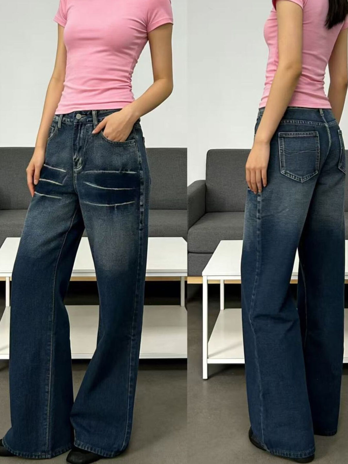 Wide leg washed denim waist detail