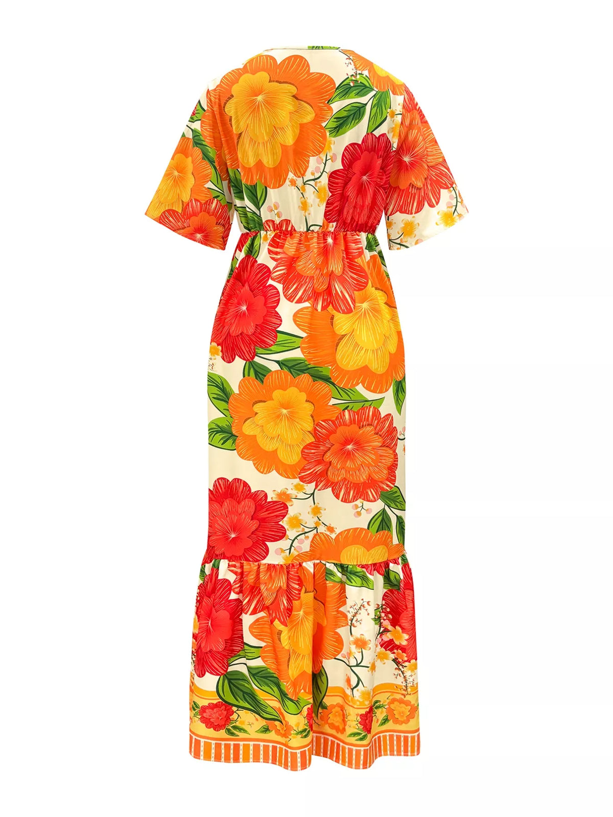 Orange floral V neck maxi dress back view