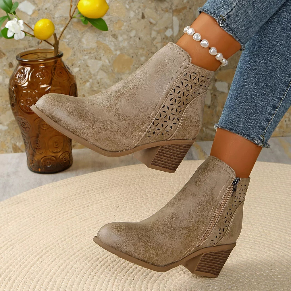Point toe block heel boots material texture detail