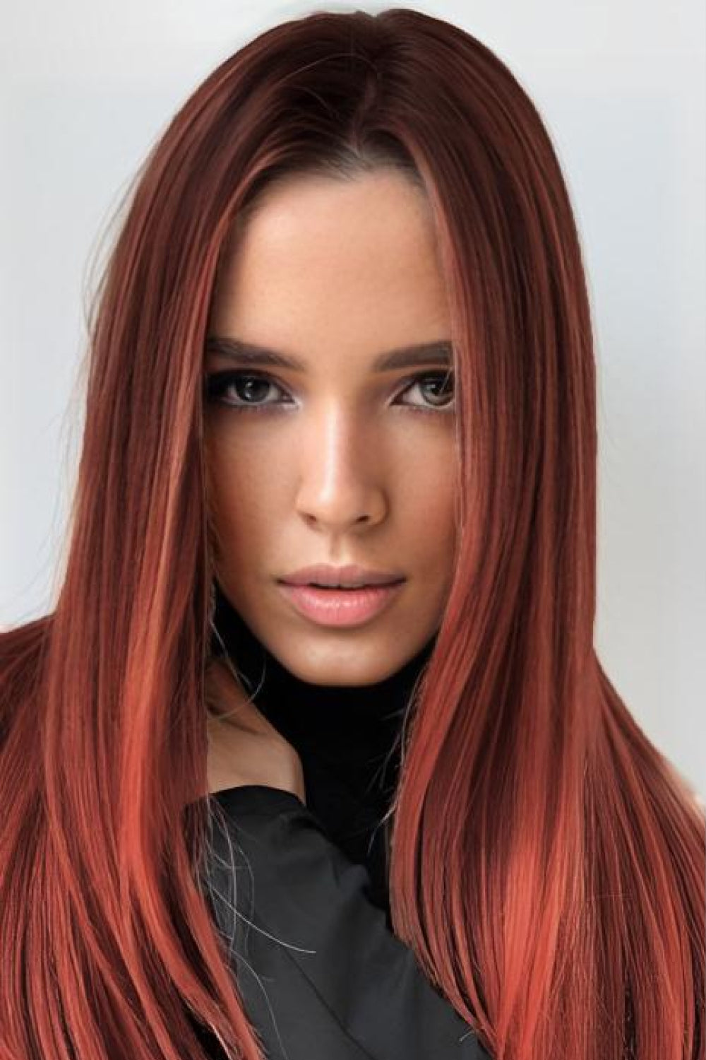 Copper brown root wig color detail