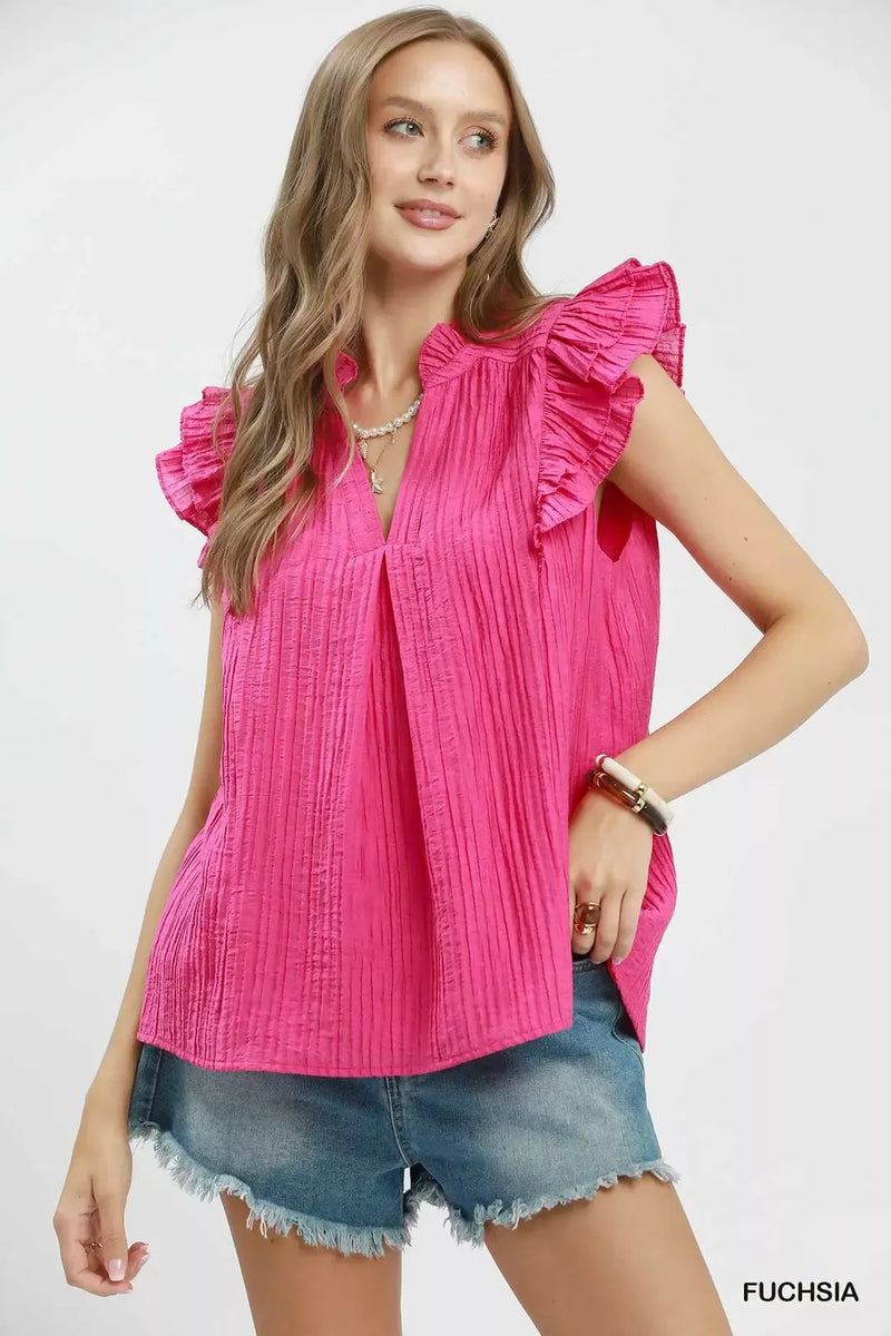 Umgee ruffle sleeve split V neck top in fuchsia front view