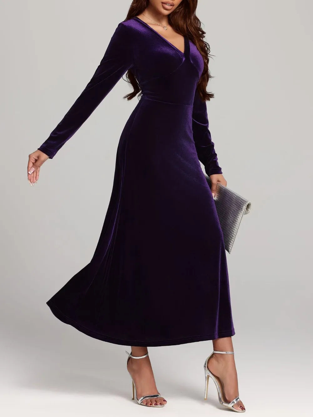 violet violet V neck long sleeve velvet dress back view