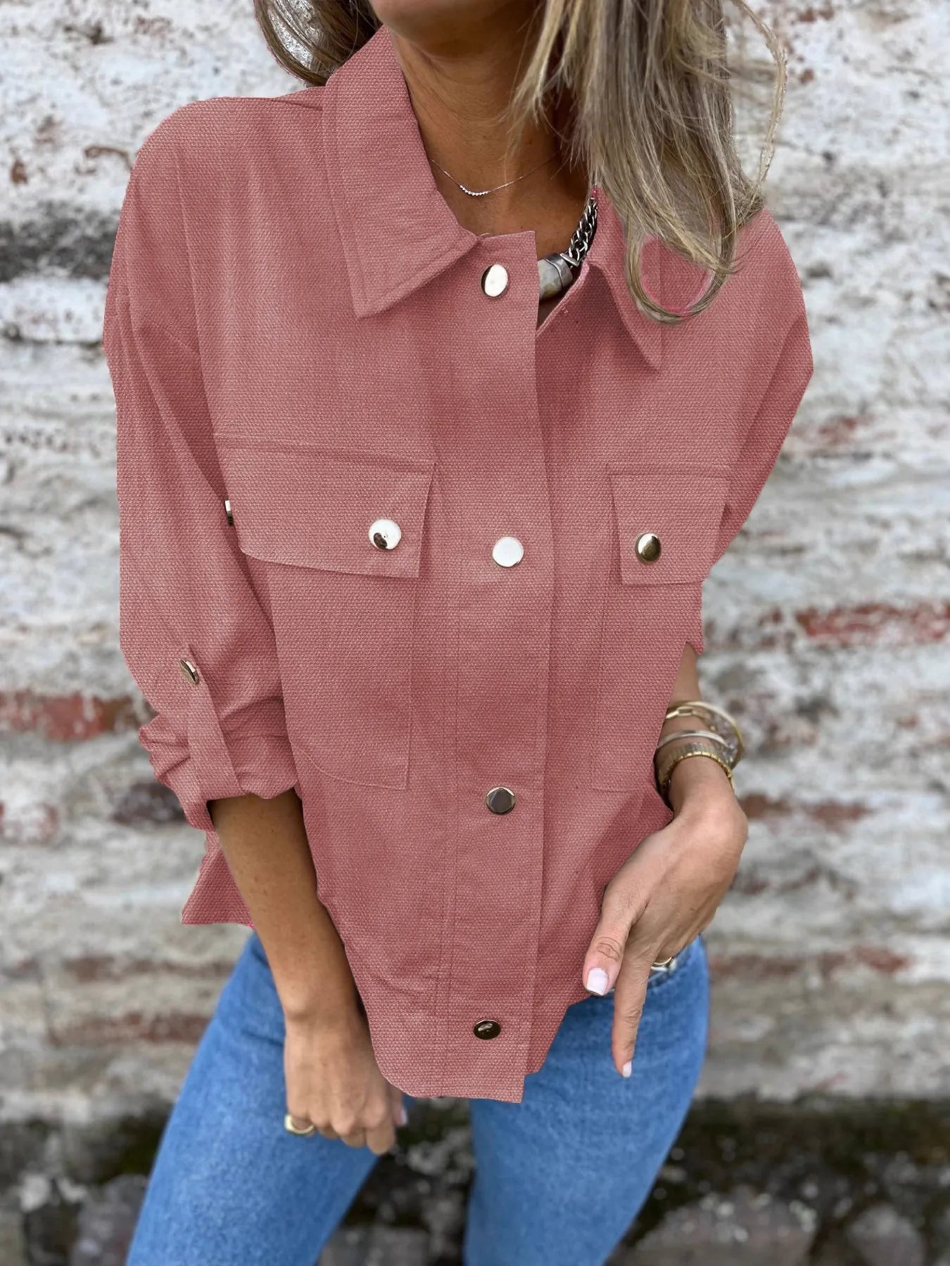 Women’s Utility Shacket with Snap Front and Pockets Burnt coral - Fashorio