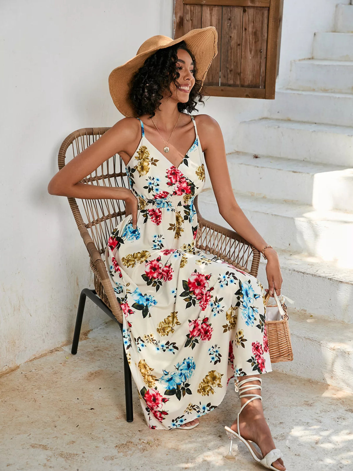 Floral print spaghetti strap midi dress full length view