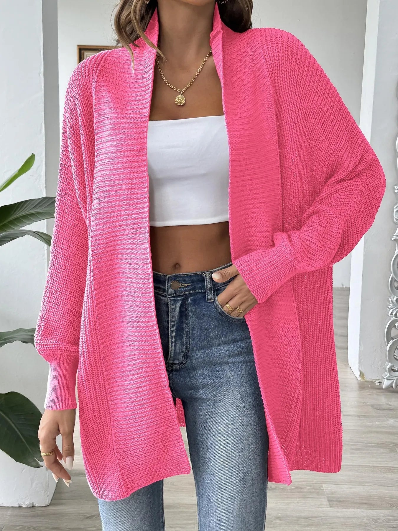 Oversized Knit Open Front Cardigan Hot Pink One Size - Fashorio