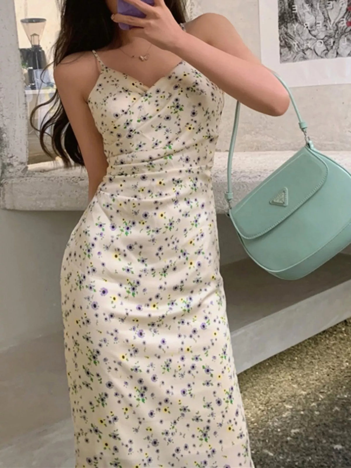 Beige floral spaghetti strap midi dress front view