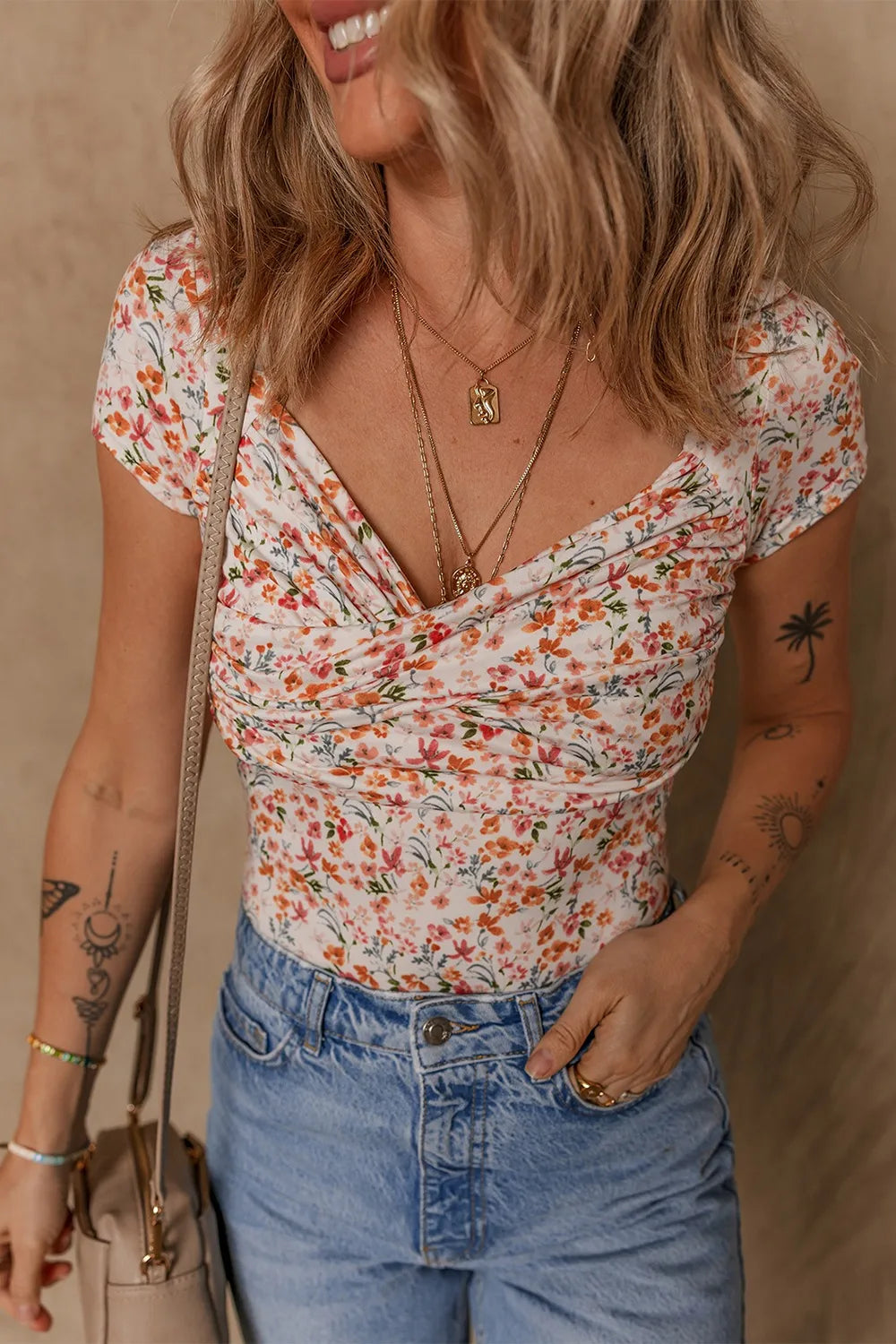 Printed Ruched Short Sleeve Bodysuit - Fashorio