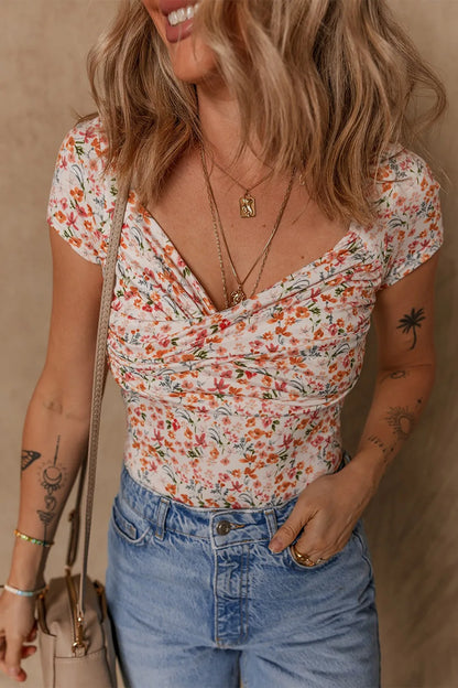 Printed Ruched Short Sleeve Bodysuit - Fashorio