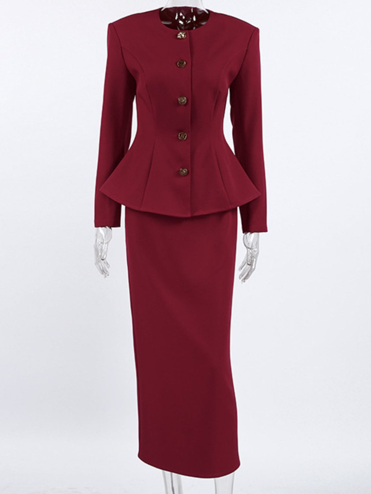 Peplum blazer button front close up