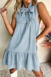 Tie Neck Sleeveless Denim Dress Light Blue - Fashorio