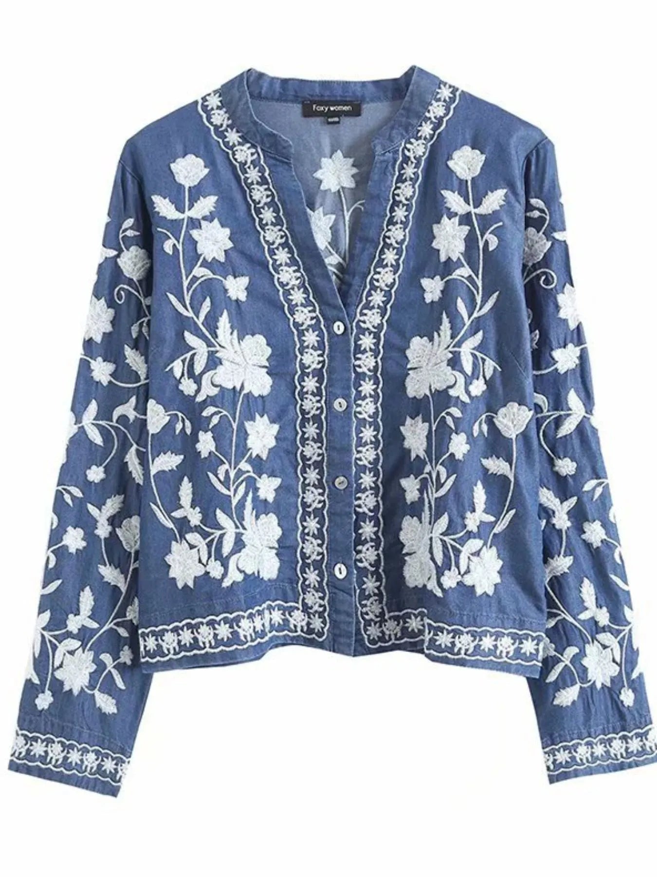 Floral Embroidered Button Up Denim Shirt - Fashorio