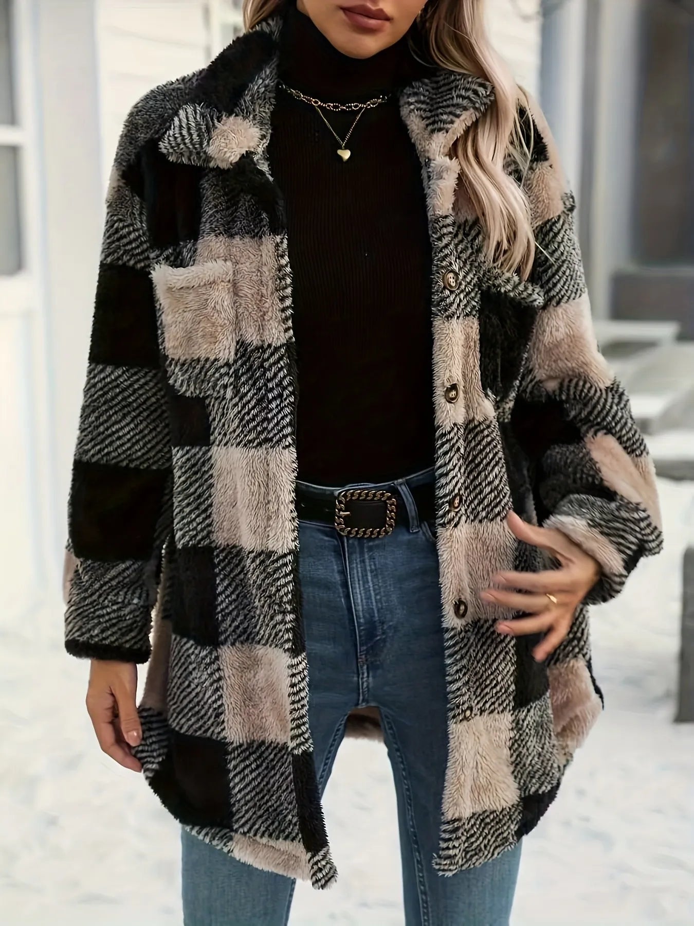 Button Down Collared Neck Plaid Teddy Coat with Pockets - Fashorio