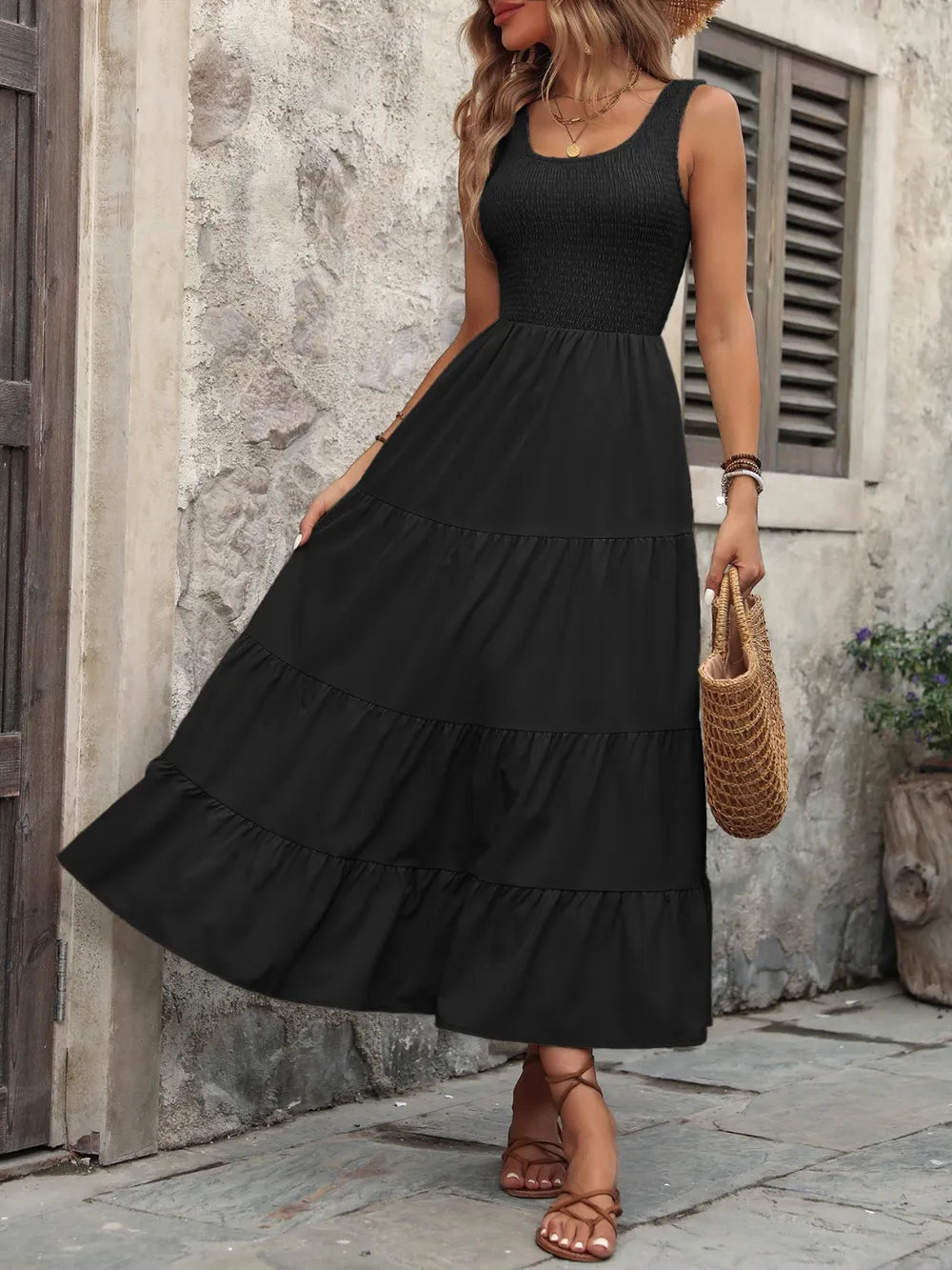 Smocked Scoop Neck Tank Maxi Dress, side view