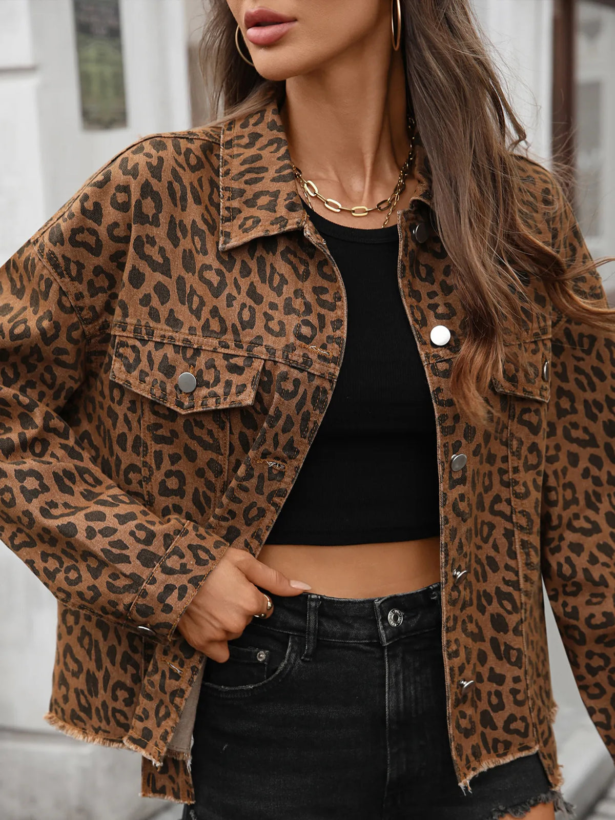 Leopard Print Raw Hem Denim Jacket on model