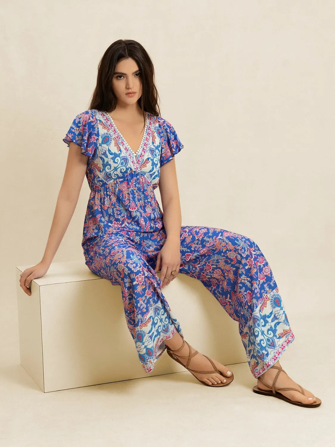 V neck wide leg jumpsuit lifestyle view