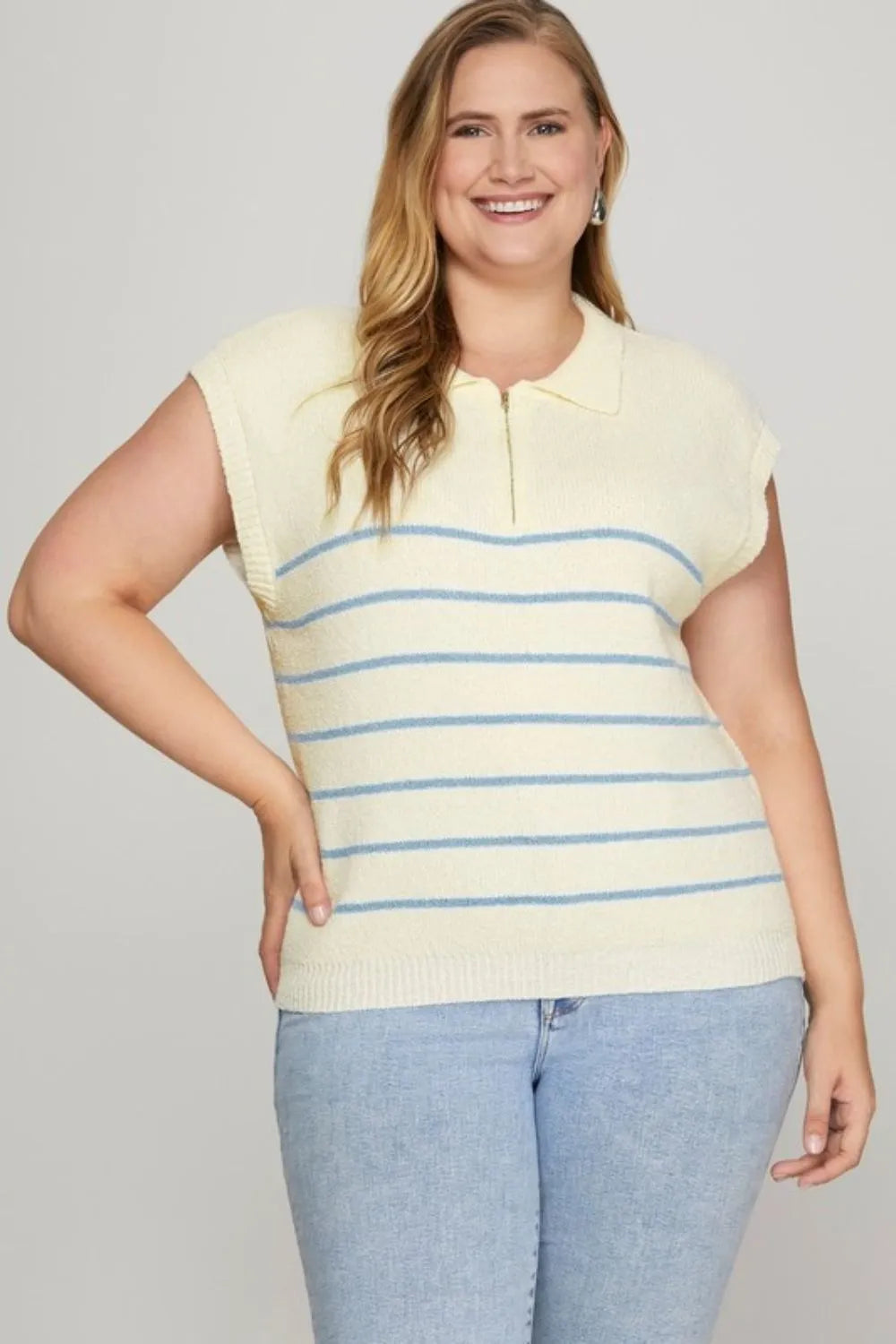 Striped Half Zip Sweater Vest Plus Size in Sky Blue back view