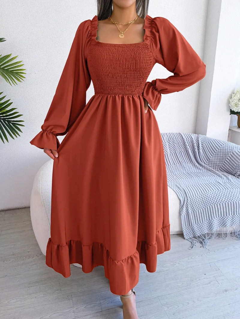 smocked square neck flounce sleeve maxi dress front view