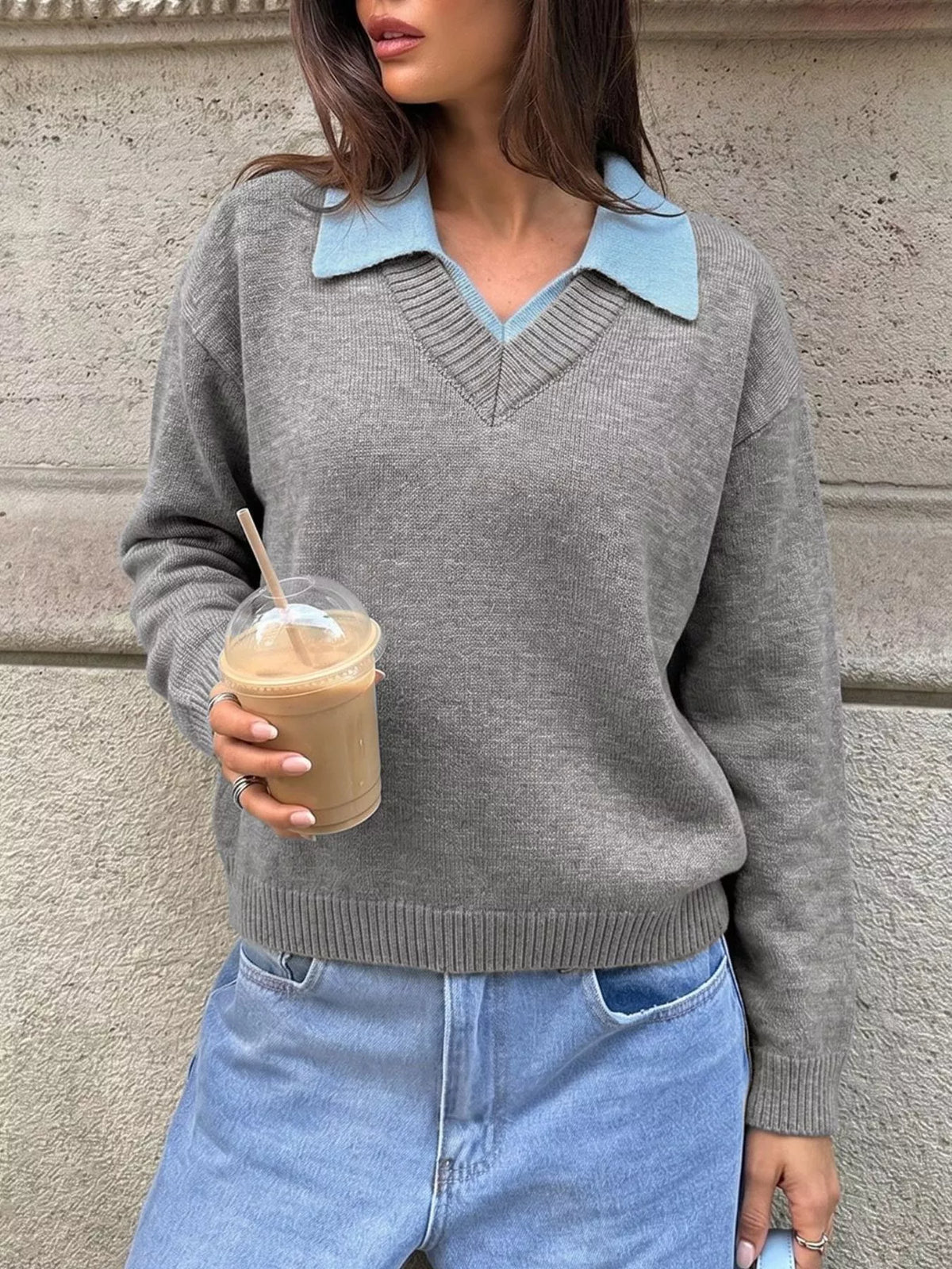 Contrast Collar Drop Shoulder Sweater