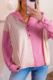 Color Block Button Detail Hoodie Pink - Fashorio