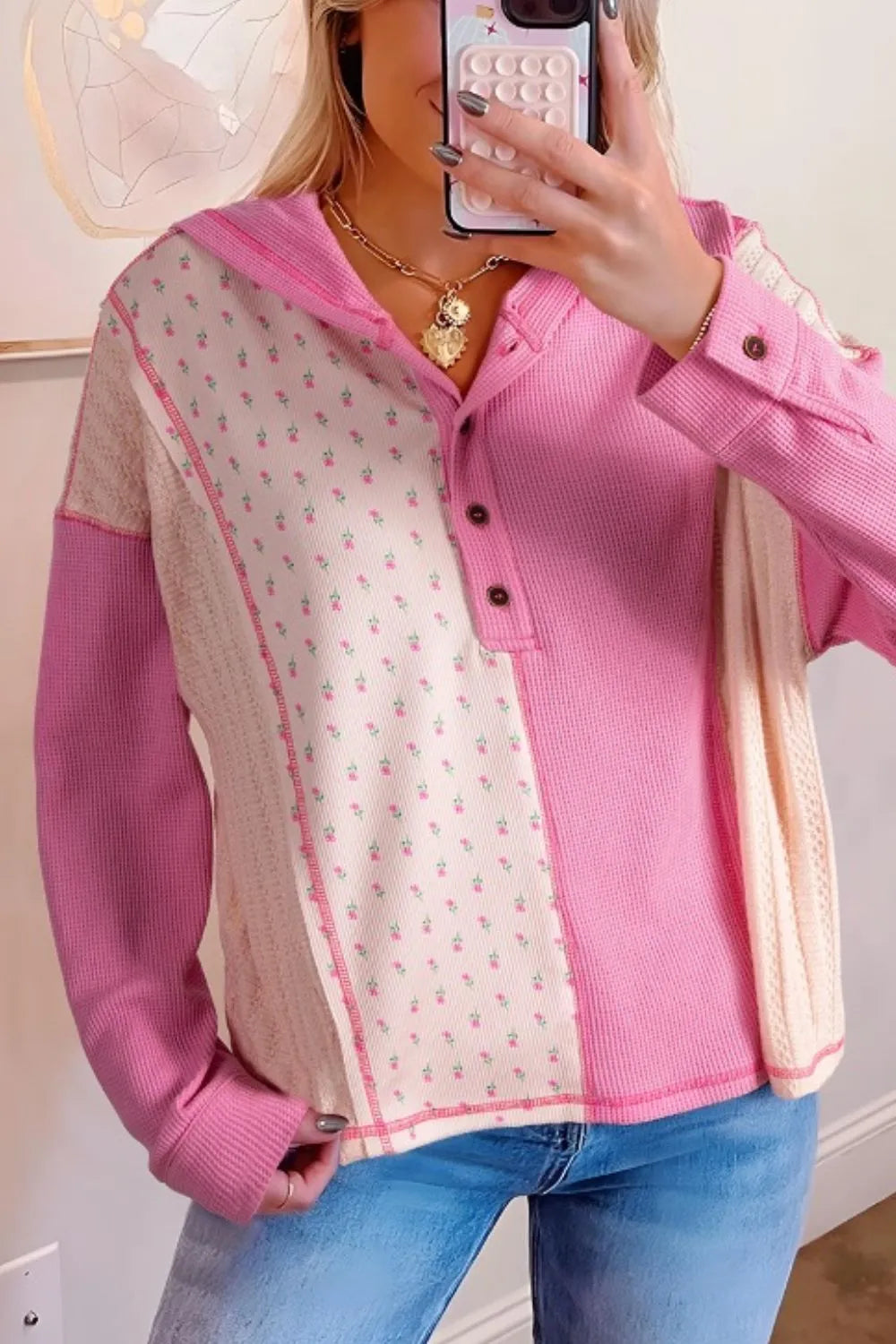 Color Block Button Detail Hoodie Pink - Fashorio