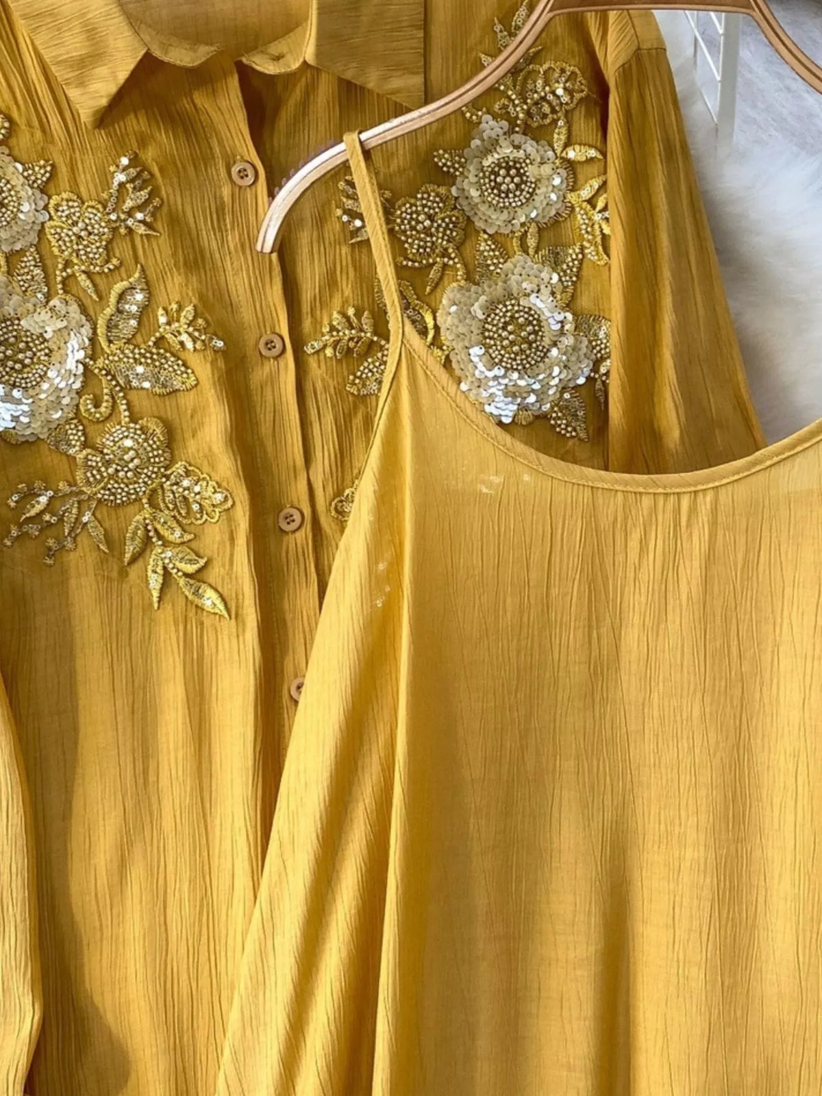 Sequin Flower Button Up Shirt and Cami Dress Set, view 14