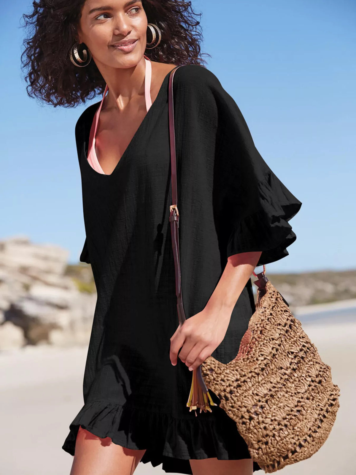 Ruffle trim V neck cover up dress fabric detail