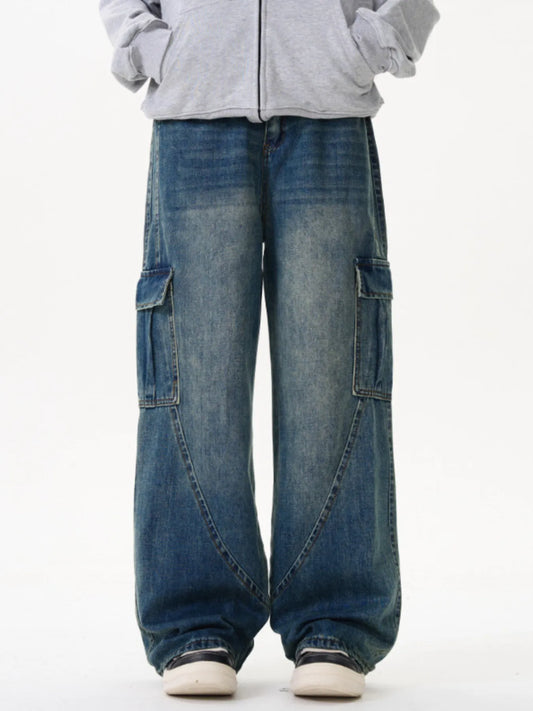 Men's Vintage Washed Wide Leg Cargo Jeans Blue - Fashorio
