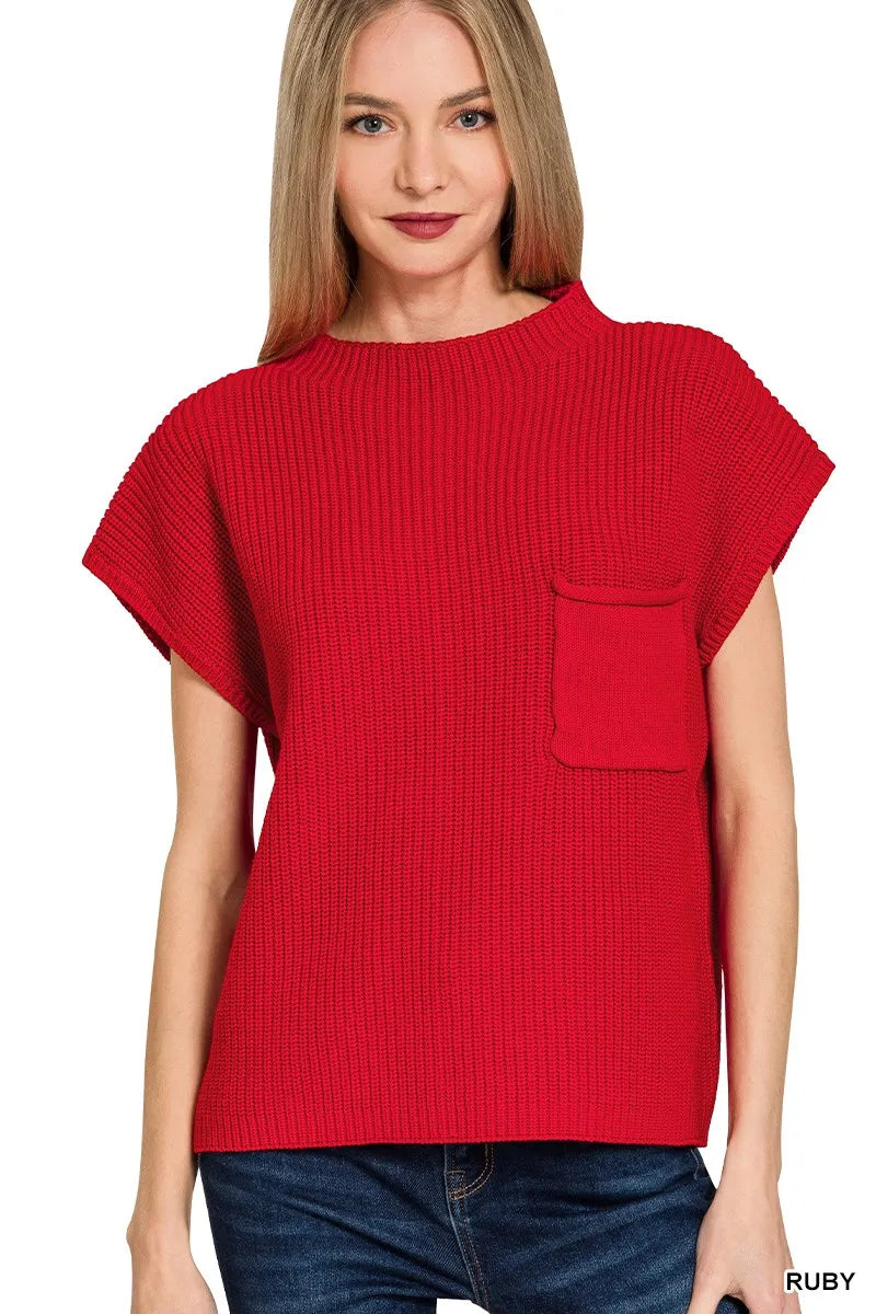 Zenana Mock Neck Short Sleeve Sweater RUBY - Fashorio