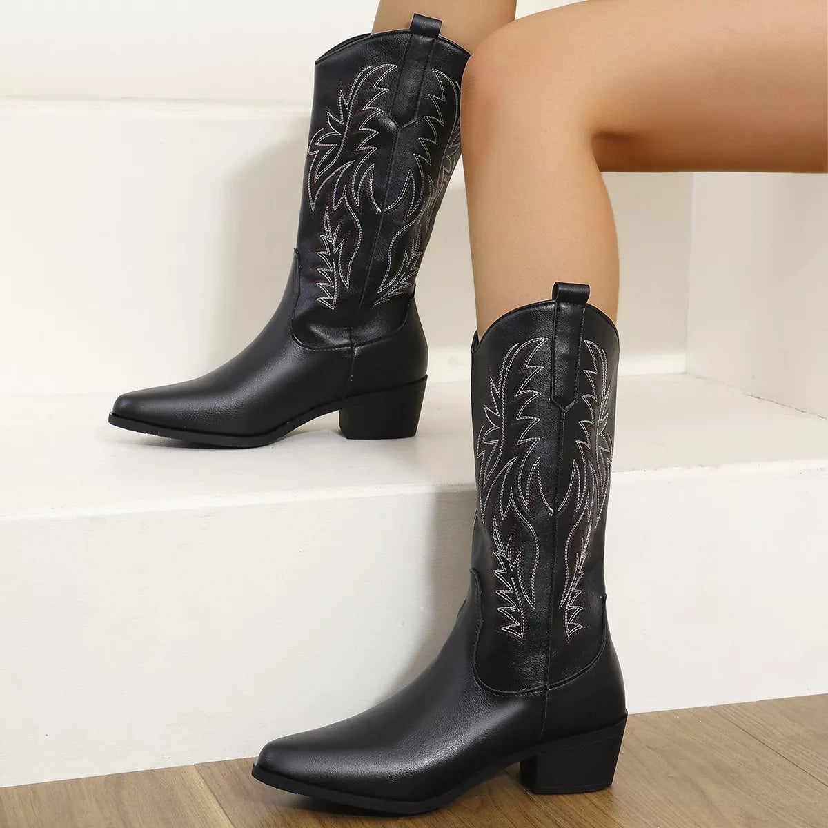 Embroidered Point Toe Block Heel Boots front view