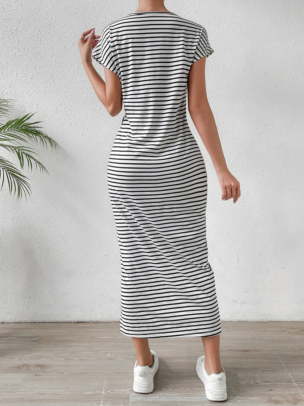 striped round neck short sleeve tee dress three quarter view