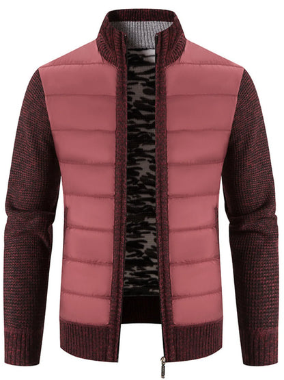 Men's Plus Size Quilted Knit Bomber Jacket with Stand Collar Burgundy - Fashorio
