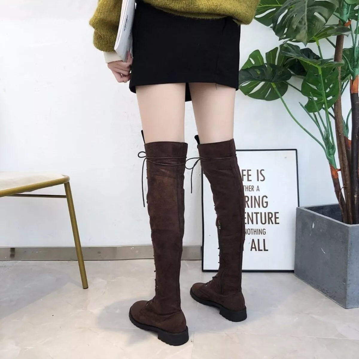 Lace up over the knee boots platform detail