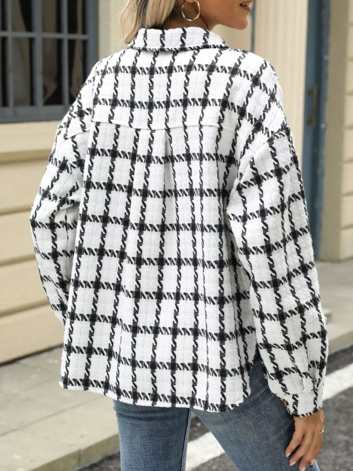 Plaid Button Up Jacket in White and Red styled look