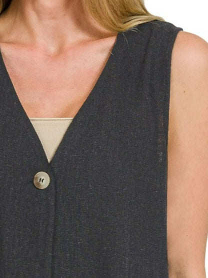 Zenana Side Slit Button-Front Vest - Fashorio