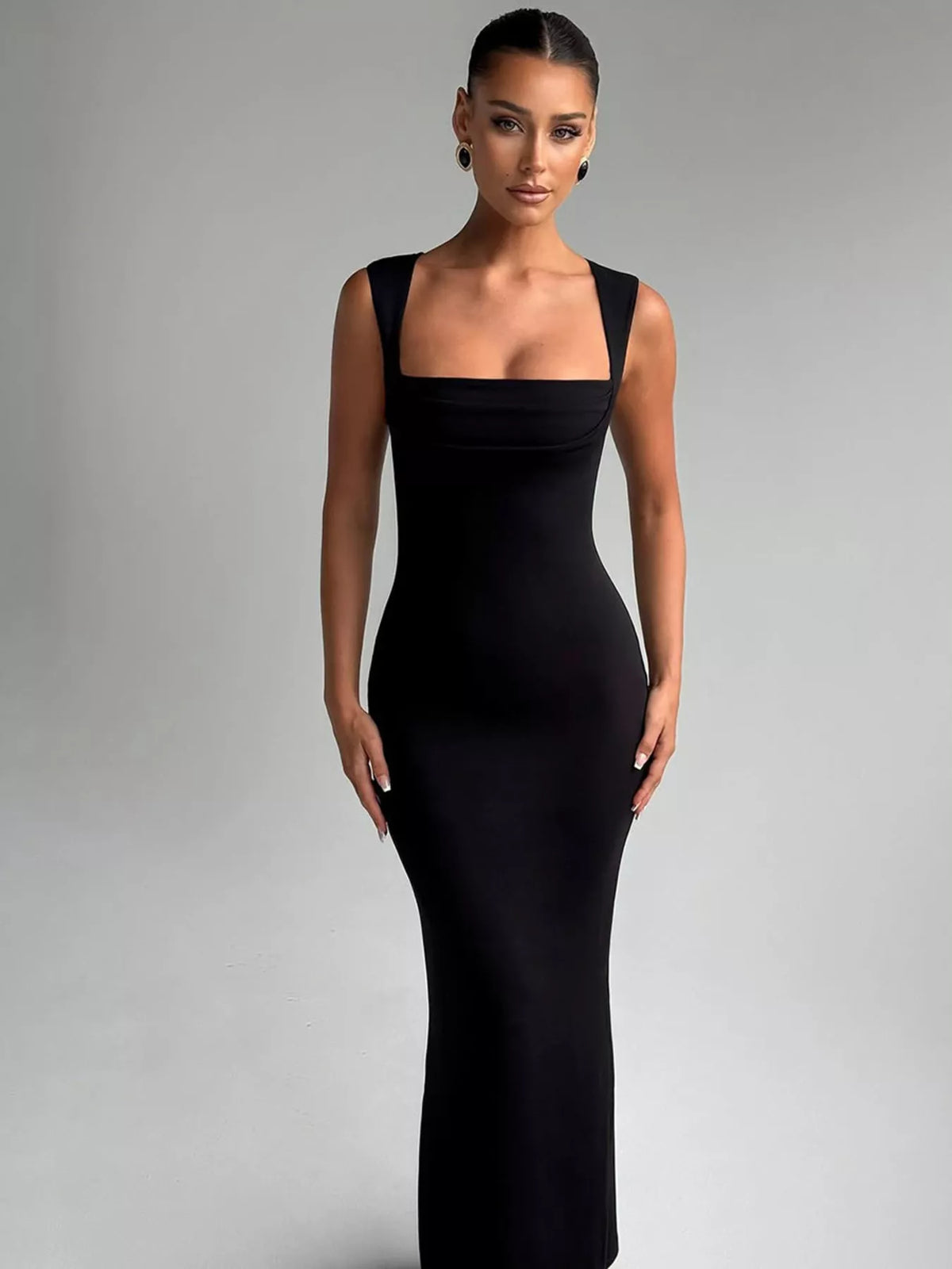 Close up of the square neckline on the maxi dress