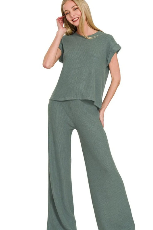 Zenana Rolled Sleeve Top and Pants Sweater Set ASH JADE - Fashorio