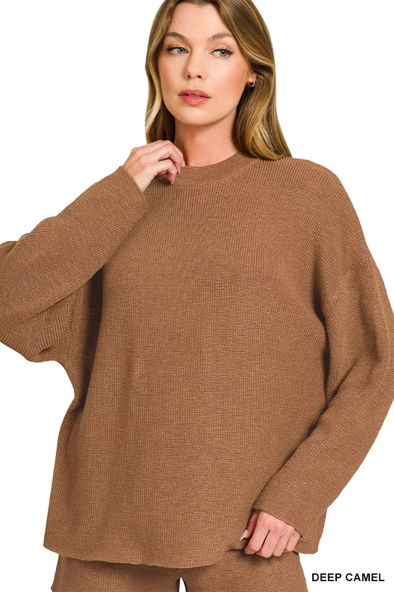 Round Neck Sweater Top and Shorts Set in Camel side view