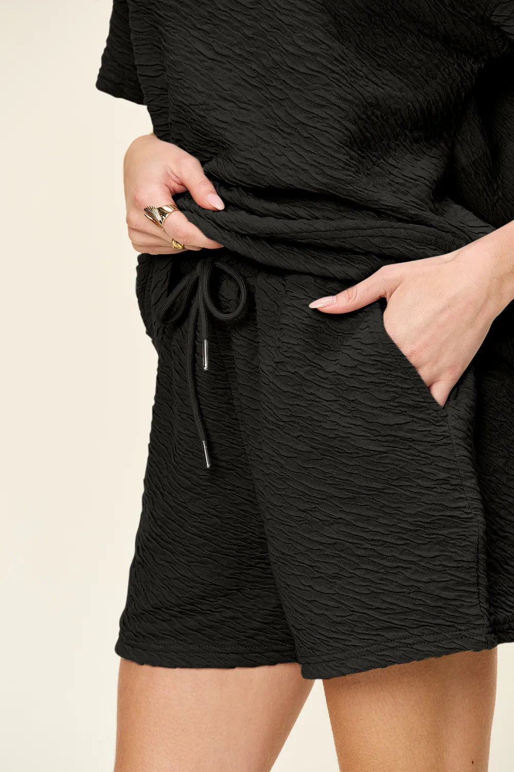 Double Take Full Size Texture Short Sleeve T-Shirt and Drawstring Shorts Set - Fashorio