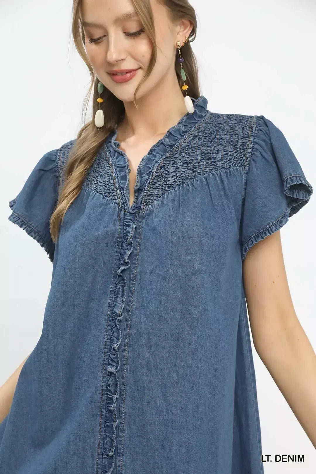 Ruffled Washed Denim Dress styled look