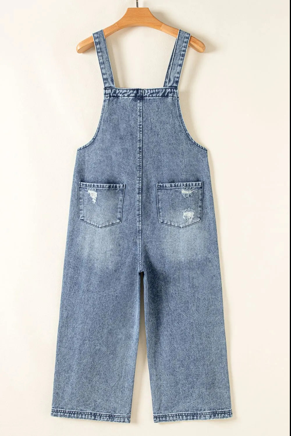 Distressed Bib Pocket Wide Leg Denim Overalls - Fashorio