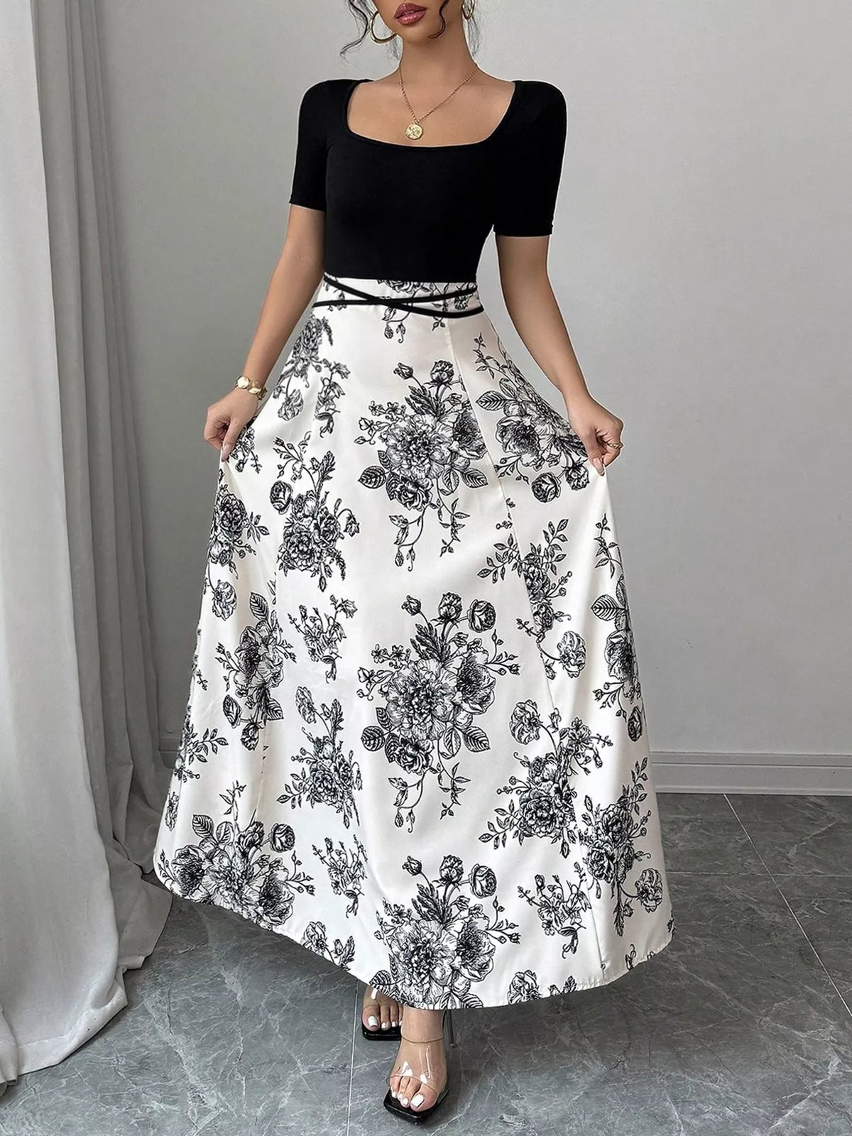 Black floral print square neck maxi dress front view