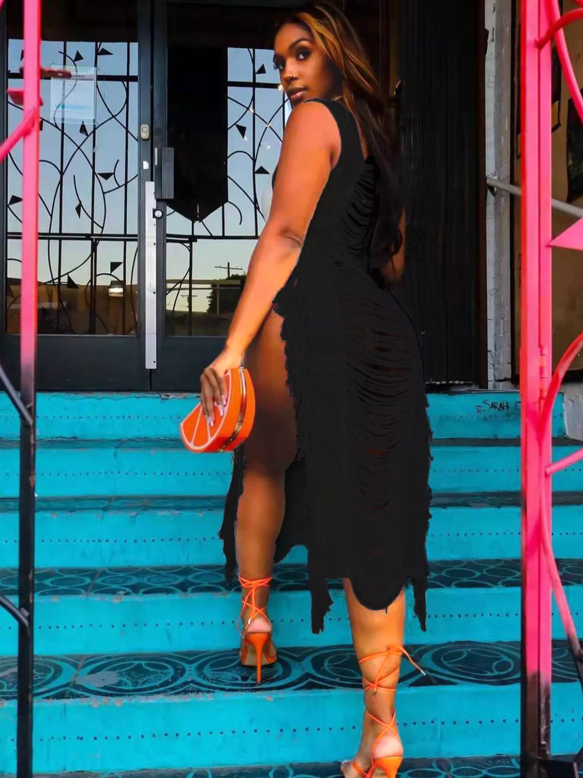 White fringe split square neck midi dress styled view