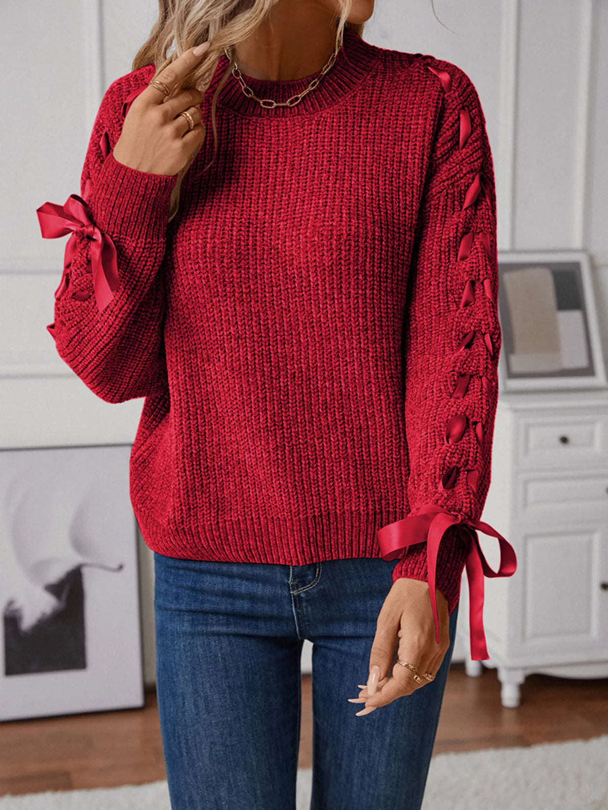 Ribbon tie sleeve round neck sweater, layered outfit