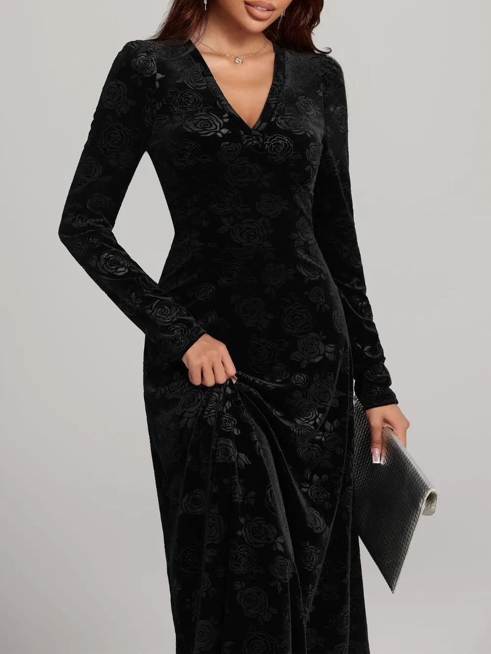 Rose Print V Neck Long Sleeve Dress sleeve detail