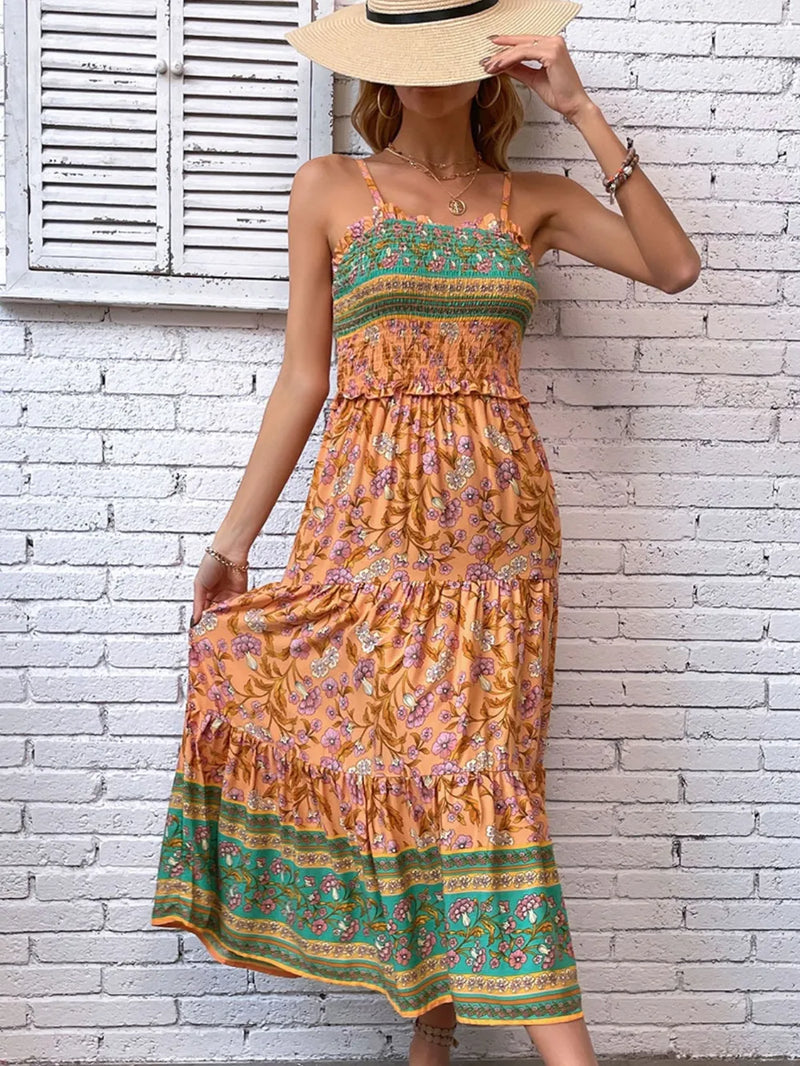 Printed square neck midi cami dress front view
