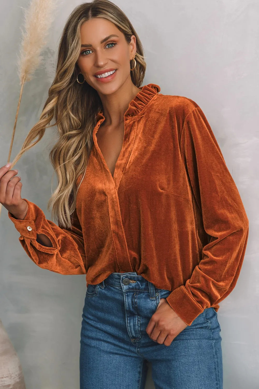 Notched Frill Detail Long Sleeve Blouse Brown - Fashorio
