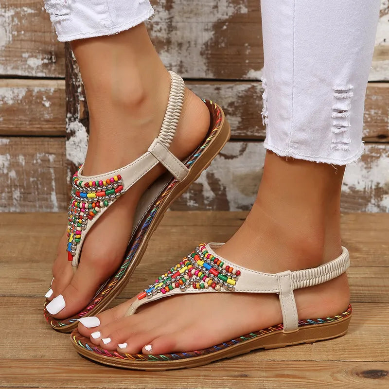 Beaded flat sandals top down view