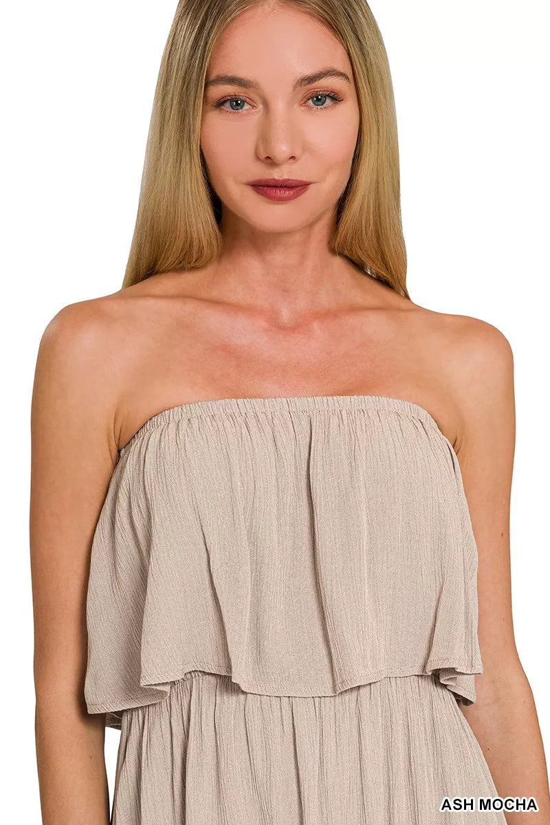Zenana woven crinkle strapless maxi dress in ash mocha detail of the neckline