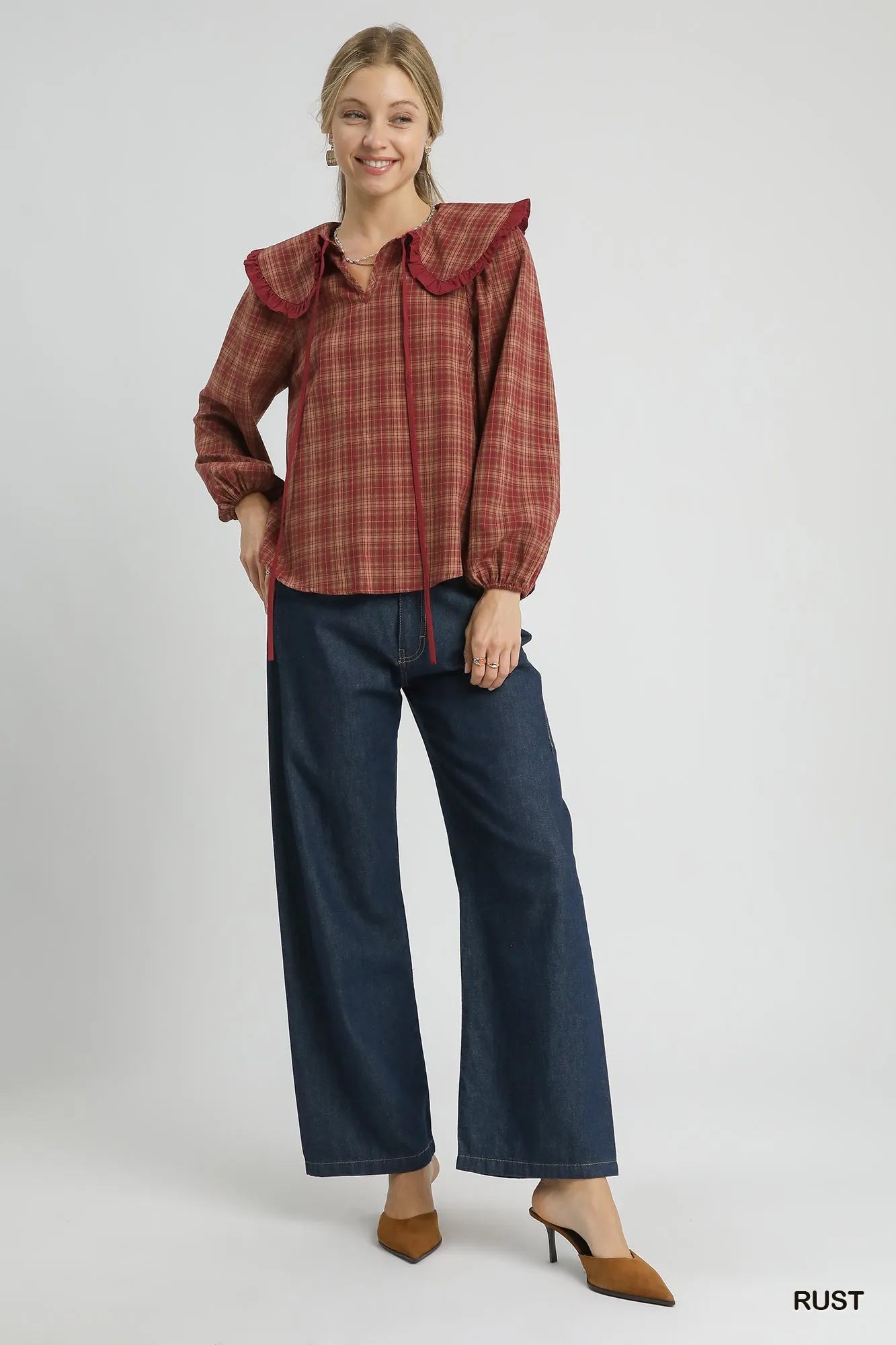 Umgee Full Size Plaid Ruffle Collar Blouse Plus Size - Fashorio