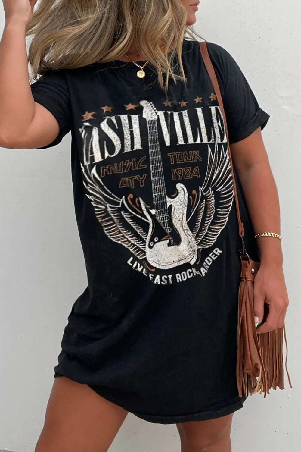 Black graphic tee dress print detail